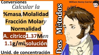 Calcular 𝐦𝐚𝐬𝐚 𝐦𝐨𝐥𝐚𝐥𝐢𝐝𝐚𝐝 𝐟𝐫𝐚𝐜𝐜𝐢ó𝐧 𝐦𝐨𝐥𝐚𝐫 𝐲 𝐧𝐨𝐫𝐦𝐚𝐥𝐢𝐝𝐚𝐝 de ácido cítrico al 137 M 11gmL [upl. by Anirbed]