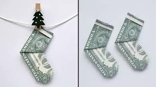 MONEY CHRISTMAS SOCKS  Simple Dollar Origami  Tutorial DIY by NProkuda [upl. by Nhguav231]