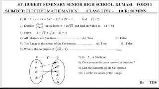 Elective Maths Class Test  St Hubert Seminary SHS  FORM 1 [upl. by Cook]