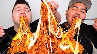 EXTREMELY CHEESY SUPER SPICY PESTO FIRE NOODLES • Mukbang amp Recipe [upl. by Reiner775]