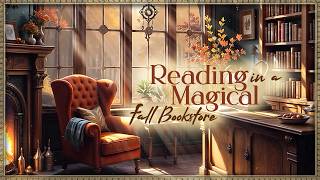 Magical Fall Bookstore Ambience  Crackling Fireplace Falling Leaves amp Birds Chirping  No Music [upl. by Essinger568]