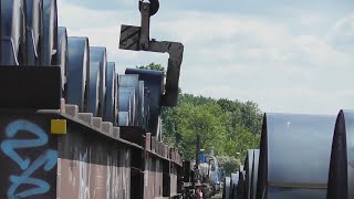 Coil loading with crane and works railway of company Rasselstein in Andernach [upl. by Freddy]