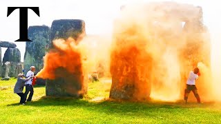 Just Stop Oil spray Stonehenge in climate protest [upl. by Clippard62]